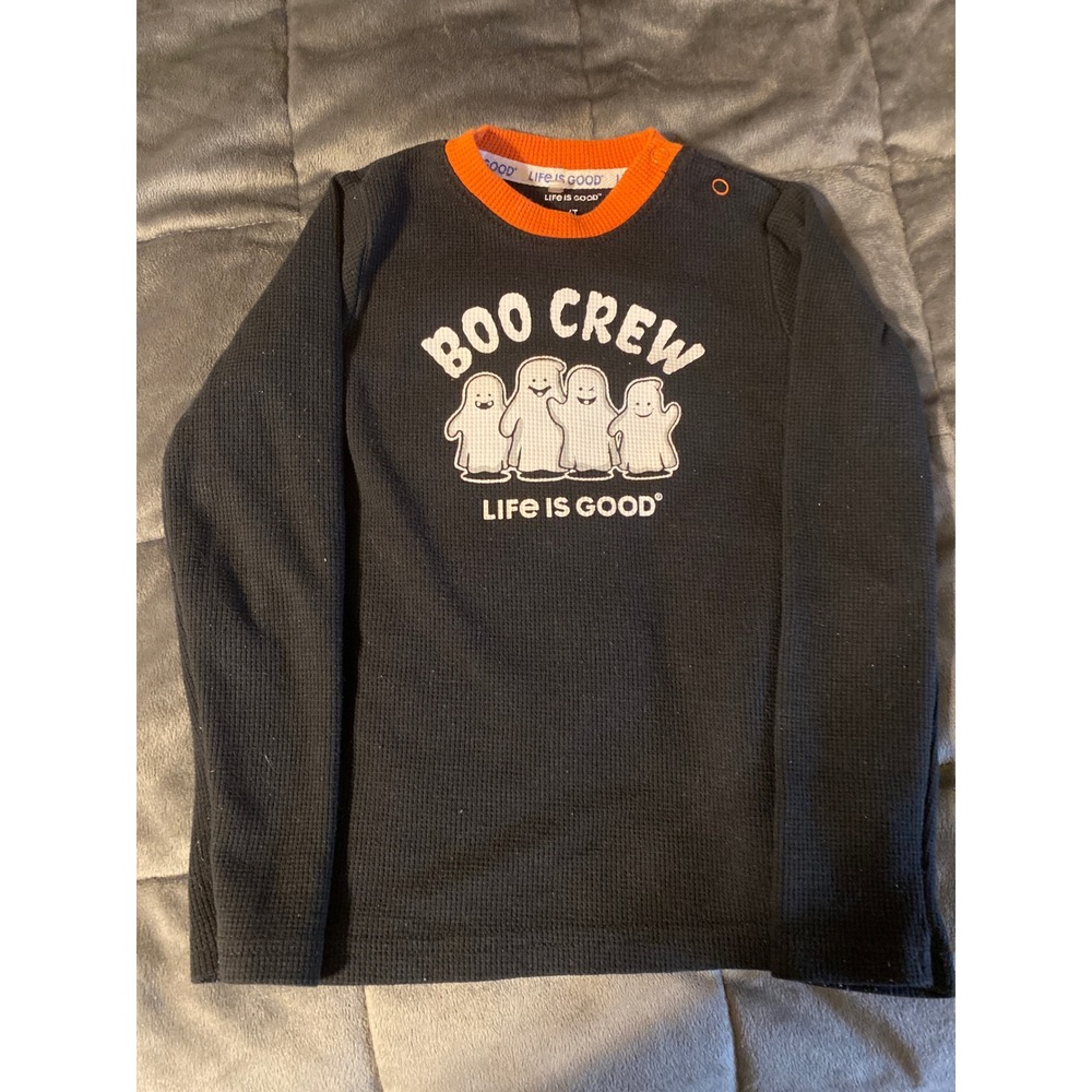 Life is Good Boo Crew Halloween Ghost Waffle Knit Shirt Black Toddler 4T 0521